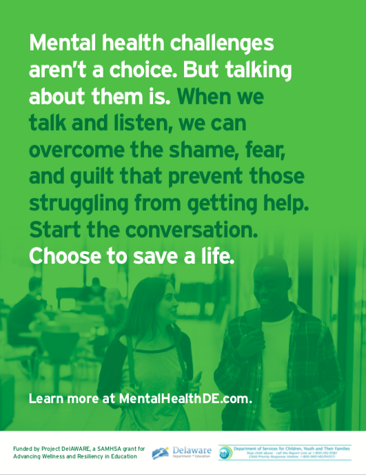 DelawarePBS's tweet photo. Experiencing mental health challenges isn’t a choice. Find the information you need to start healthy conversations about #mentalhealth and wellness, #suicideprevention, and #mentalillness here: https://t.co/Tz6OjenwvA.
#SaveALife #ProjectDelAWARE https://t.co/dQcjep909V