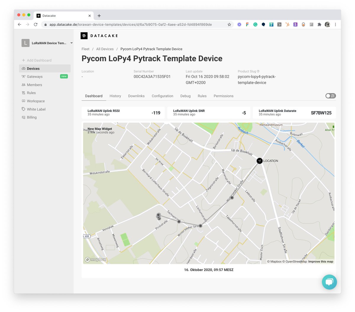 datacake's tweet image. Working with @pycomIOT #LoPy4 - #Datacake has a preset that you can use as a starting point - like in this location tracking example built on their #PyTrack - Supports all Boards - Test now for free: bit.ly/2Wxo9BH #IoT #Platform #ESP32 #LoRaWAN #LoRa