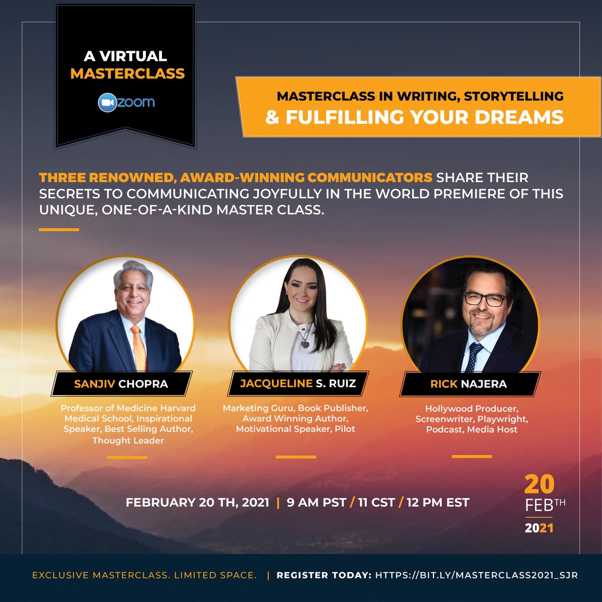 Masterclass with <a href="/sanjiv_chopra/">Sanjiv Chopra, MD</a> and <a href="/ricknajera/">Rick Najera</a> - storytelling, writing and living a fulfilled life - early bird registration before January 7th, 2021- bit.ly/Masterclass202…