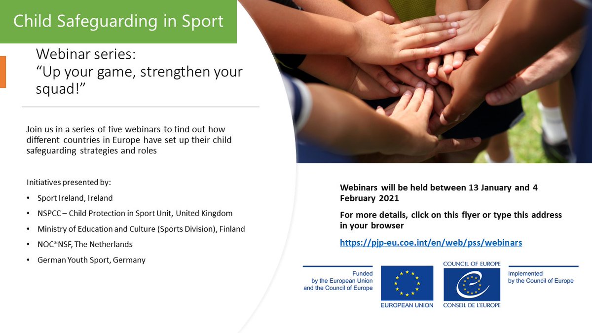 Are you committed to making sport safe for all children? Do you work in child protection or in sports policy? Then this series of webinars from our CSiS joint project could be for you. More details pjp-eu.coe.int/en/web/pss/web…  #Coe4Sport #SafeSportChildren