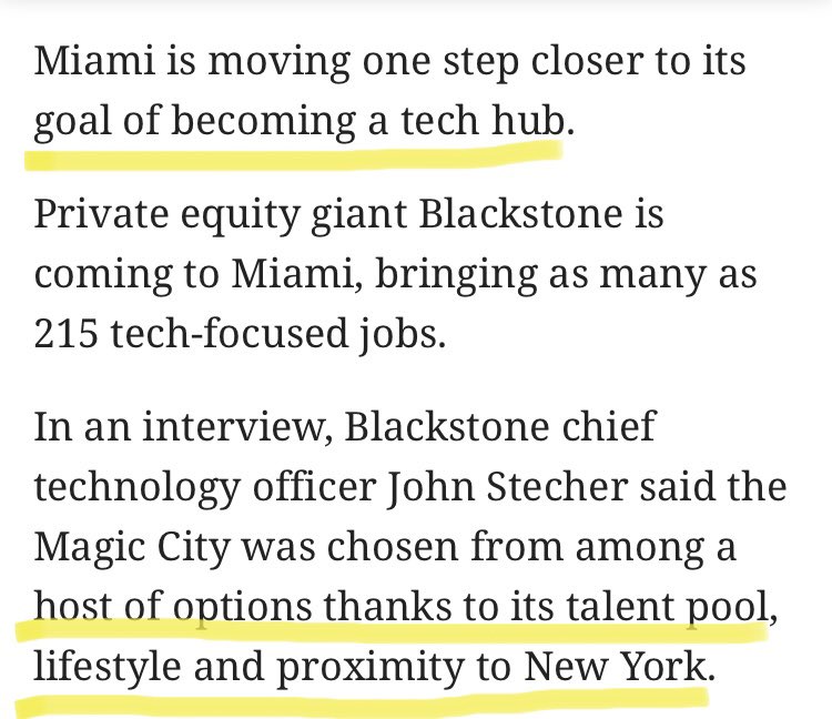 And now...Tech?That’s what Mayor Francis Suarez is publicly making the case for.And he’s succeeding.It started w/ private equity powerhouse  @blackstone moving their tech office.Source:  https://www.miamiherald.com/news/business/article246253350.html