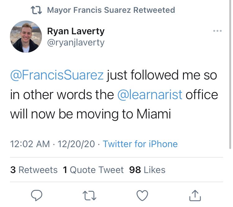 Mayor Suarez doesn’t just want to bring companies & capital to South Beach.He wants to create a robust community of tech entrepreneurs.His strategy?Get the attention of founders by following them on twitter. @ryanjlaverty @amaan_jaikishan @austinvalleskey