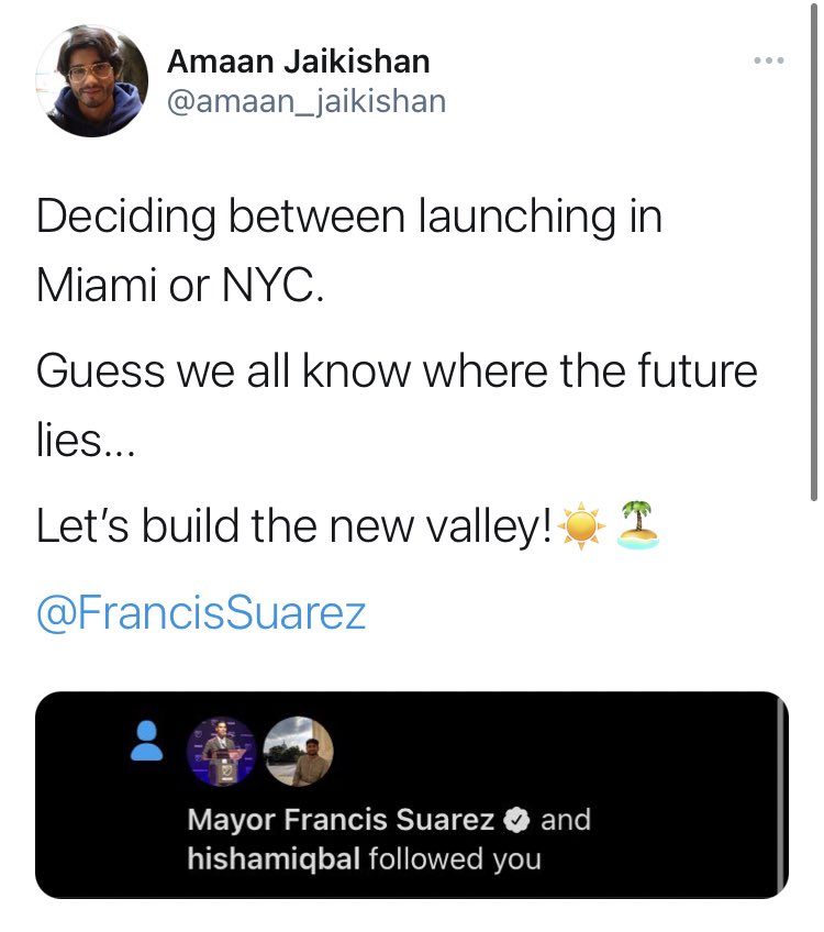 Mayor Suarez doesn’t just want to bring companies & capital to South Beach.He wants to create a robust community of tech entrepreneurs.His strategy?Get the attention of founders by following them on twitter. @ryanjlaverty @amaan_jaikishan @austinvalleskey