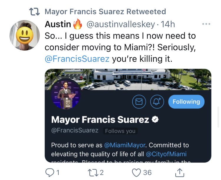 Mayor Suarez doesn’t just want to bring companies & capital to South Beach.He wants to create a robust community of tech entrepreneurs.His strategy?Get the attention of founders by following them on twitter. @ryanjlaverty @amaan_jaikishan @austinvalleskey