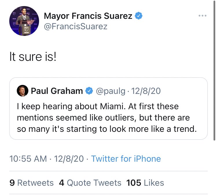 So, are people taking notice?Yes.Mayor Suarez has gotten the attention of: @paulg @theSamParr @APompliano @polina_marinovaThat’s quite a list. Mayor Suarez certainly has our attention.