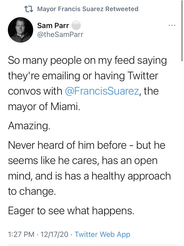 So, are people taking notice?Yes.Mayor Suarez has gotten the attention of: @paulg @theSamParr @APompliano @polina_marinovaThat’s quite a list. Mayor Suarez certainly has our attention.