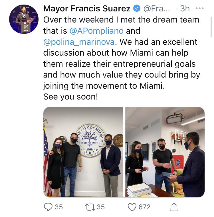 So, are people taking notice?Yes.Mayor Suarez has gotten the attention of: @paulg @theSamParr @APompliano @polina_marinovaThat’s quite a list. Mayor Suarez certainly has our attention.