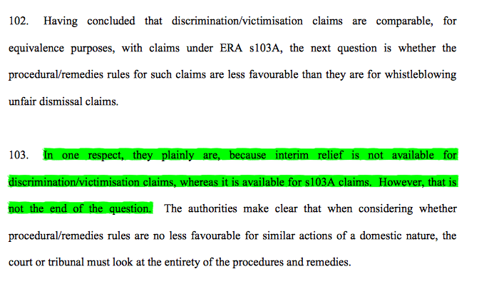 21/ Right, back for Pt 2. After finding similarity, the EAT needed to look next at whether the procedural/remedy rules for EqA dismissals were less favourable than under s.103A. The lack of interim relief as a remedy for the former could only be part of the answer.