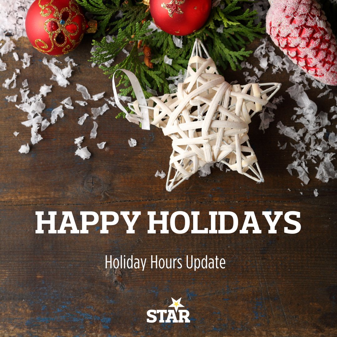 StarBuildingYYC's tweet photo. - Holiday Hours -
December 24th to 28th: Closed 
December 29th: 7 am – 4 pm
December 30th:  7 am – 4 pm
December 31st: 7 am – Noon
January 1st:  Closed 

We will resume regular business hours 
January 4th, 2021. https://t.co/l0MQg0CK6L