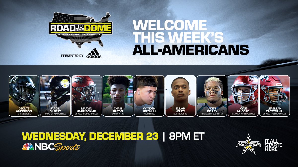 AABonNBC's tweet photo. 𝗥𝗼𝗮𝗱 𝘁𝗼 𝘁𝗵𝗲 𝗗𝗼𝗺𝗲 Episode 1️⃣5️⃣

Presented by @adidasFballUS 

🗓 December 23

⏰ 8 p.m. ET

💻: https://t.co/jp0WIe36RU 

#AAB21 🇺🇸

#AllAmericanBowl 🏈 https://t.co/lfp5xda9Tj