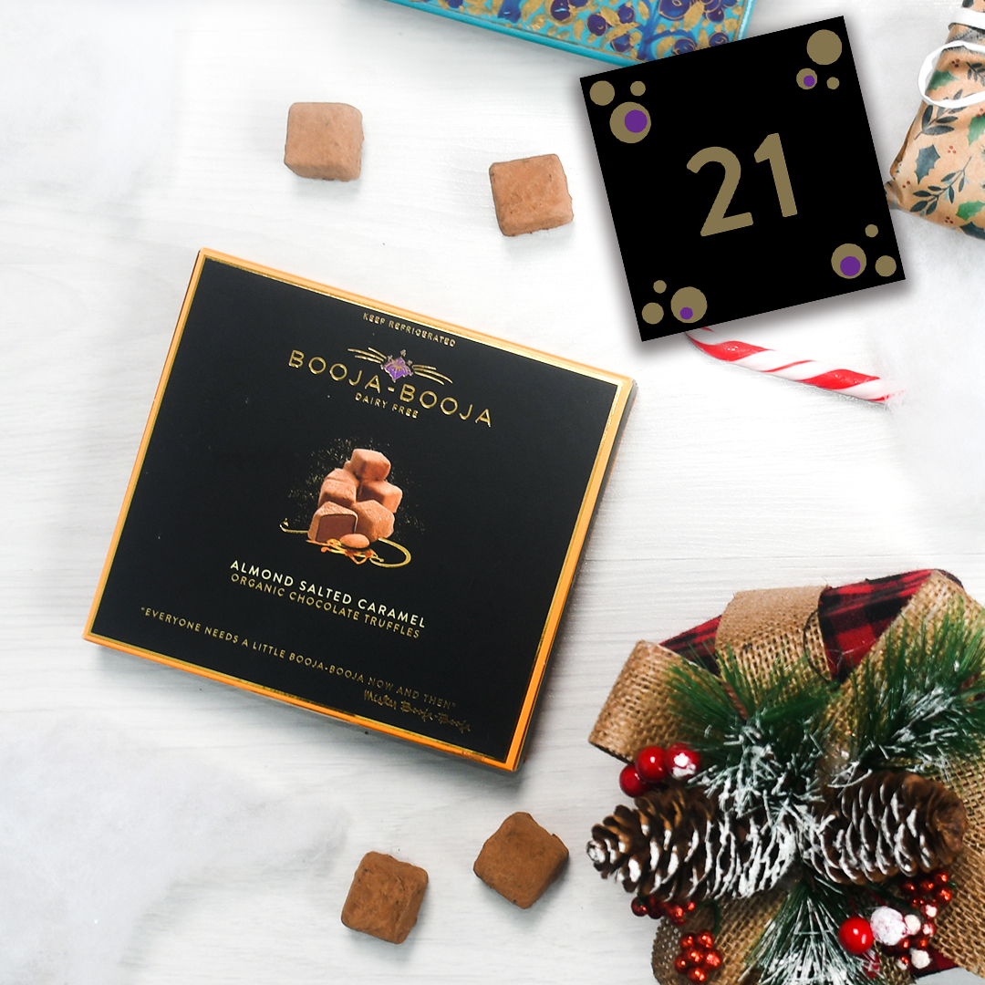 BoojaBooja's tweet photo. *WIN* a Twelve Truffle Box of Almond Salted Caramel Truffles on DAY 21 of #BoojaBooja #AdventCalendar. To enter follow us &amp; RT with #BoojaAdvent21. Winner to be picked on 24th Dec from all our soc media channels NB: PRIZE WILL BE POSTED OUT IN JAN. UK only. #vegan #organic #win https://t.co/kQ5KEMLosp