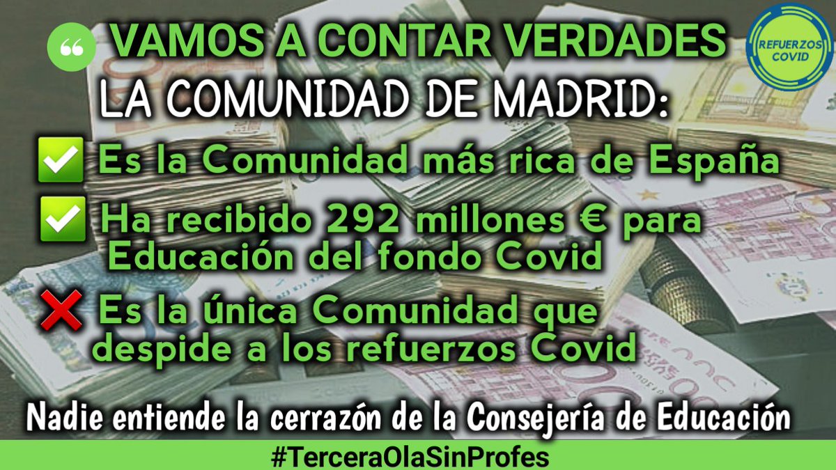 RefuerzosCovid's tweet photo. La verdad es que la @ComunidadMadrid es:
 
✅La más rica de España
✅La más beneficiada por el fondo covid que repartió el Gobierno
❌ La ÚNICA que despide a los docentes de @RefuerzosCovid 

#TerceraOlaSinProfes
#RefuerzosCovidNecesarios https://t.co/fSsOHdDPtH