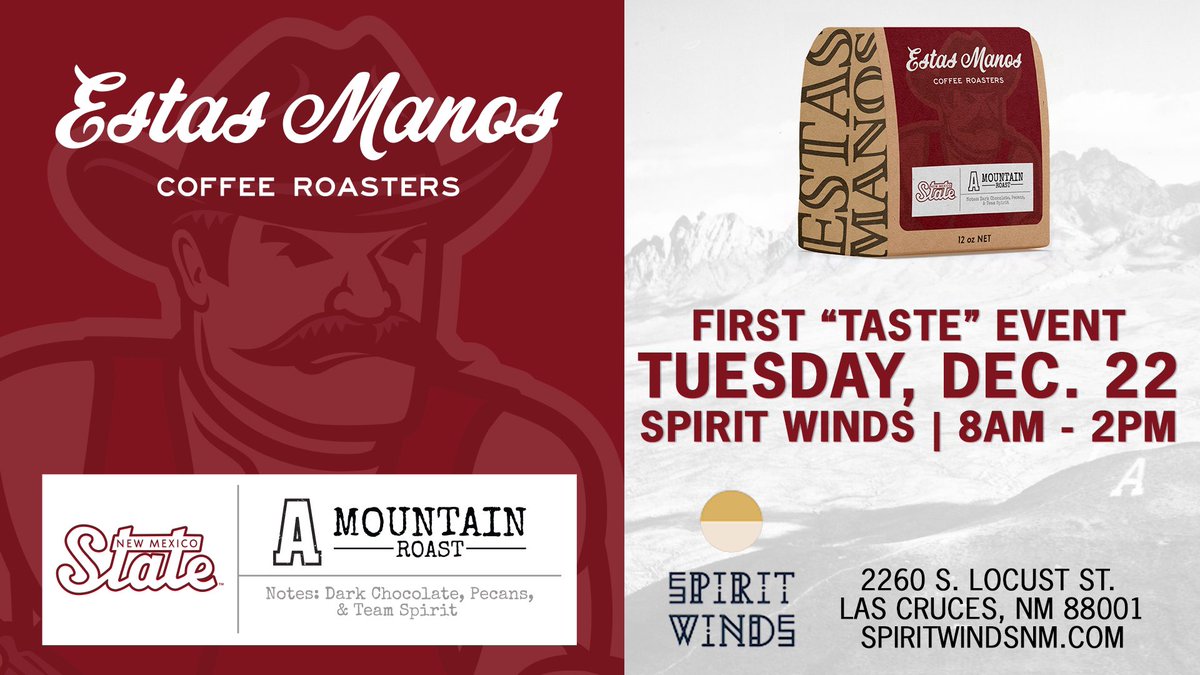 AMountainRoast's tweet image. HERE’S YOUR FIRST CHANCE TO PURCHASE ‼️

Join us Tuesday, Dec. 22 from 8AM-2PM at Spirit Winds Cafe in Las Cruces ⬇️ 

Come by to pick up a bag or have a cup ☕️

#AggieUp