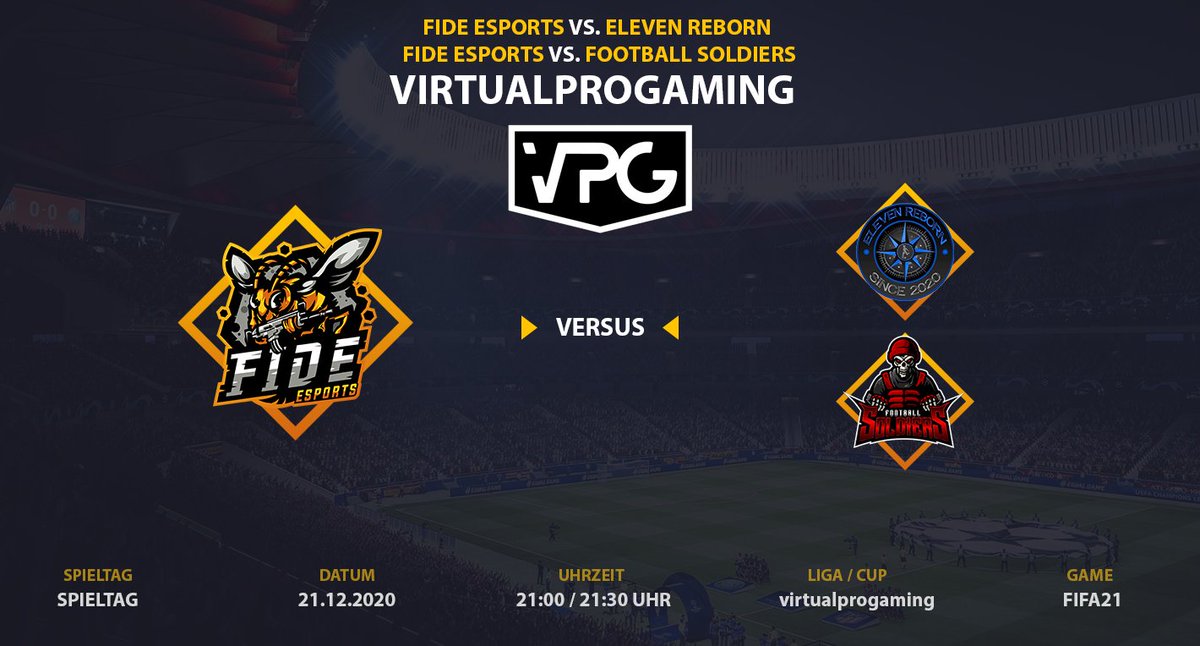 Am heutigen Abend haben unsere Jungs gleich zwei Spiele in der <a href="/OfficialVPG/">Virtual Pro Gaming</a> hintereinander. 

🎮Start: 21:00 Uhr vs. #FootballSoldiers
🎮Start: 21:30 Uhr vs. <a href="/ElevenReborn/">eleVen Reborn</a>

Wir drücken den Jungs die Daumen und #hfgl an die Gegner!

#Matchday #hfgl #befide