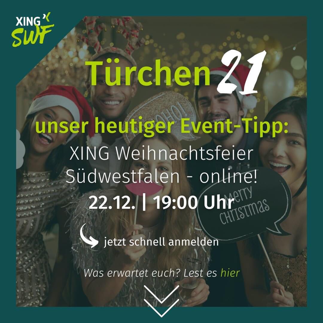 v_konsult's tweet photo. Türchen 2️⃣1️⃣ von 2️⃣4️⃣
🎄💫 #Xing Community-#Südwestfalen #XINGSWF #Adventskalender 2020:
⭐️ Event-Tipp: Unsere #Weihnachtsfeier und Du bist herzlich eingeladen ⭐️ #spaß #türchennummereinundzwanzig #weihnachten #adventszeit #afterwork #xingevent #glühwein #zuhauseaufXING https://t.co/RPCtXCrGKe