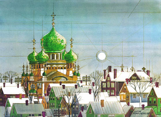 "Sacred Landmark," a watercolor of Tremont by Viktor Schreckengost.