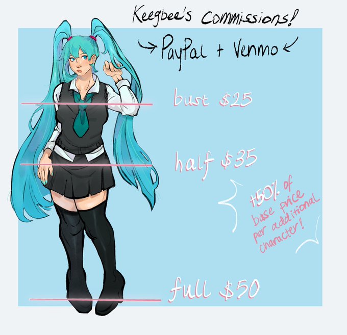 [RTs APPRECIATED‼️] 

Hi everyone I am OPENING UP COMMISSIONS!!! here are the prices + some guidelines about what I will/won't draw! I'm taking 5 SLOTS for right now, and if there are enough people interested, I'll open more once I'm done w/ the first 5:) dm to claim a slot!❤️ 
