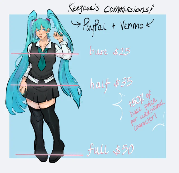 [RTs APPRECIATED‼️] 

Hi everyone I am OPENING UP COMMISSIONS!!! here are the prices + some guidelines about what I will/won't draw! I'm taking 5 SLOTS for right now, and if there are enough people interested, I'll open more once I'm done w/ the first 5:) dm to claim a slot!❤️ 