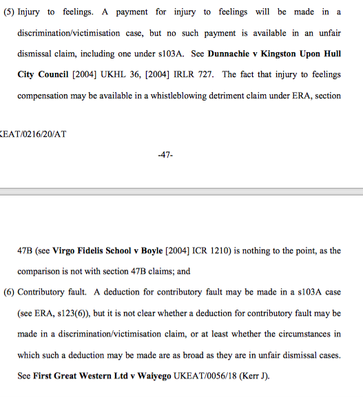 23/ Cavanagh J pointed to 6 advantages under the EqA over s.103A ERA: time limit extensions, shifting burden of proof, effective cause as against sole or principal reason, individual's liability (available under s.47 but not s.103A), injury to feelings, contrib fault position.
