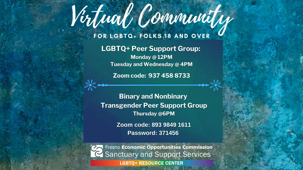 FresnoEoc_Lgbtq's tweet photo. ❄🌈Happy Winter Solstice!🌈❄
-LGBTQ+ peer support group (18+) meets Mon at 12pm, Tue/Wed at 4pm.
Zoom code: 937 458 8733
-Binary and non-binary transgender peer support group (18+) meets Thursday at 6pm
Zoom code: 893 9849 1611
Password: 371456 
#FresnoLGBTQ #WeAreFresnoEOC https://t.co/WyhvPlAkzO