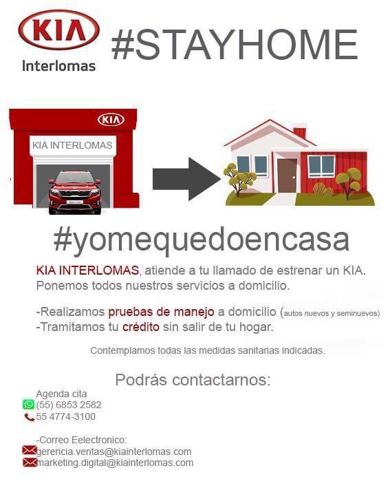 KIA Interlomas, atiende a tu llamado.
Recuerda que contamos con todas las medidas de sanidad necesarias. 
#todosnoscuidamos 
#stayhome #Yosimequedoencasa
Agenda tu prueba de manejo a domicilio.
📲 n9.cl/b4gi