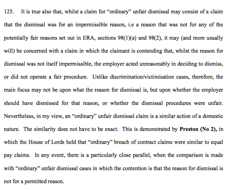 26/ Noting interim relief wasn't available for ordinary unfair dismissal claims, Cavanagh considered whether s.98 claims were comparable domestic claims to the EU right not to be dismissed through discrimination/victimisation. He found them sufficiently similar.