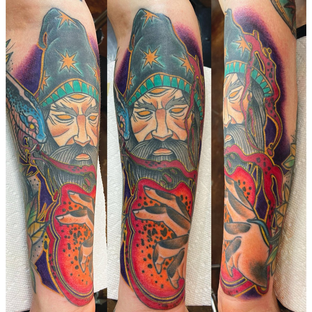 boobooflt's tweet photo. Got to finish this one up over the weekend. Nicholas let’s me do cool stuff and sits like a beast. No complaints here! See you next time bud🧙🏼♂️ #WizardTattoo #SorcererTattoo #ColorTattoo #ArmTattoo #Tattoo #Custom #Art #Neotraditional #FastLaneTattooAZ #Tucson #Tattooer https://t.co/J3lE5puA1U