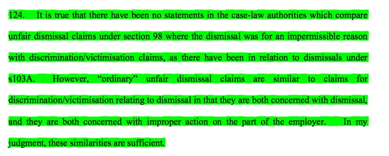26/ Noting interim relief wasn't available for ordinary unfair dismissal claims, Cavanagh considered whether s.98 claims were comparable domestic claims to the EU right not to be dismissed through discrimination/victimisation. He found them sufficiently similar.