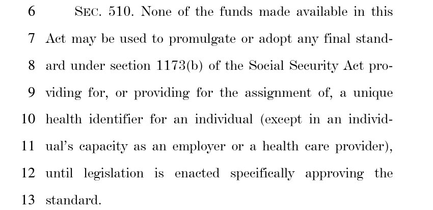 And, the perennial approps rider preventing the finalization of a standard for patient ID is in, as expected. Well, ONC owes Congress a report on this topic early next year. So, we’ll see what that says.