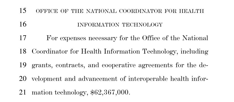 As the package includes government funding, we also see ONC’s budget—a $2M bump! Regardless, it’s still a very small amount ($62M) for an agency that could have a major effect on the health ecosystem