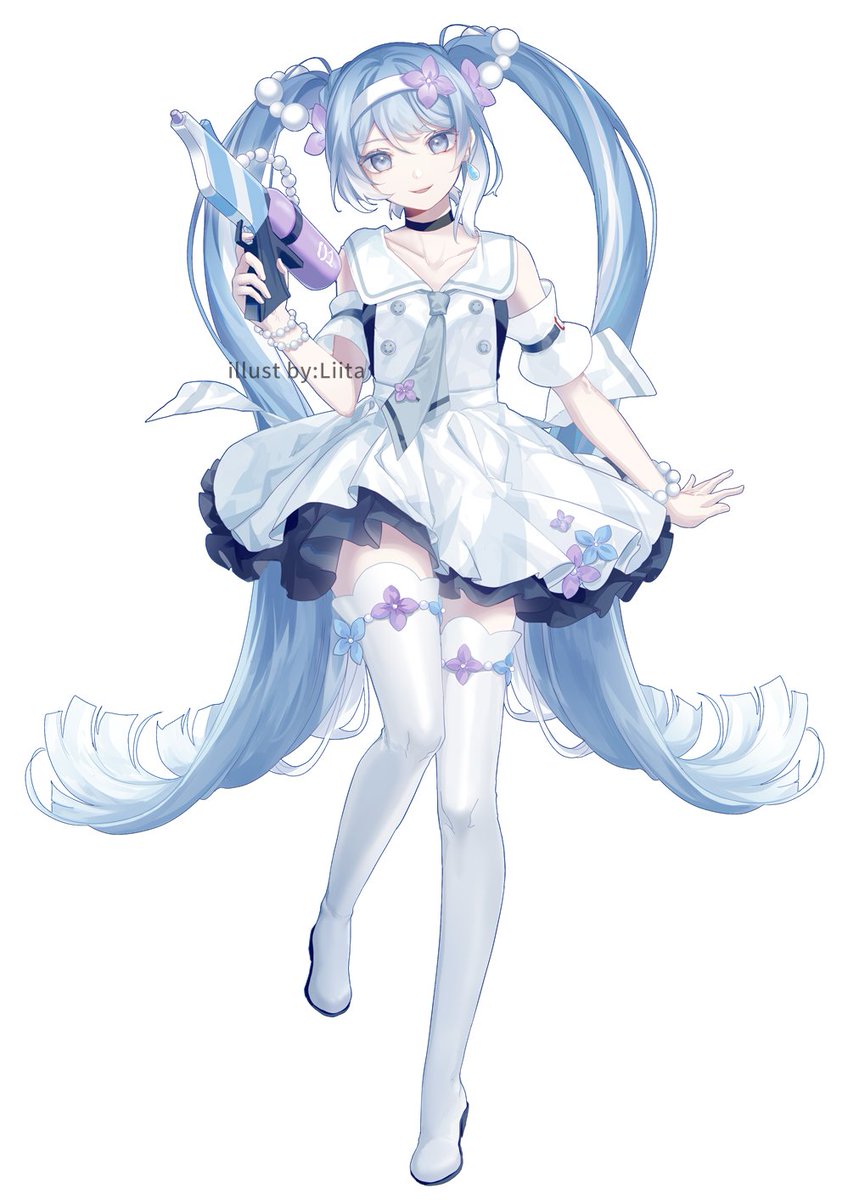 hatsune miku 1girl solo twintails thighhighs white background long hair blue hair  illustration images