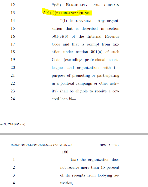 Nonprofits are still able to participate in  #PPP which now includes 501(c)(6) organizations such as chambers of commerce and also includes "destination marketing" organizations. This had been on the table most of the year. 7/x