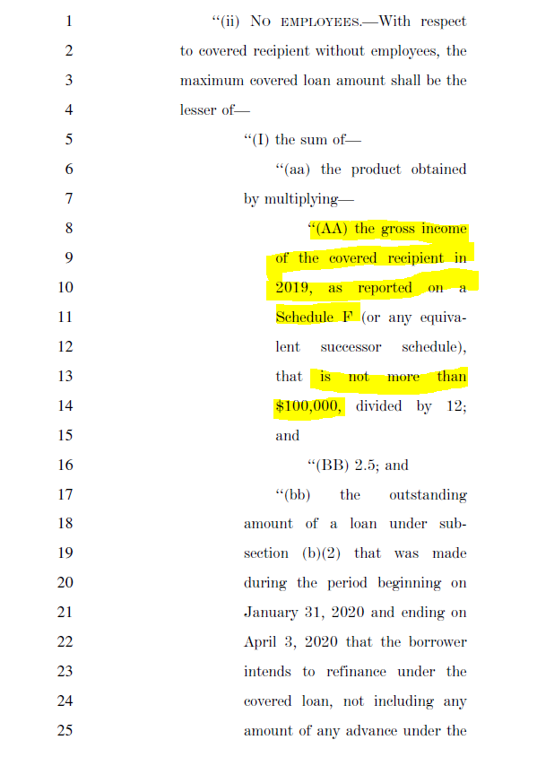 For farmers and ranchers, there IS a revision to  #PPP that indicates the maximum loan of $20,833 can be obtained for anyone with $100,000 of GROSS revenues on Sch F. Previously the law indicated the cap would be $100,000 of net income. 8/x