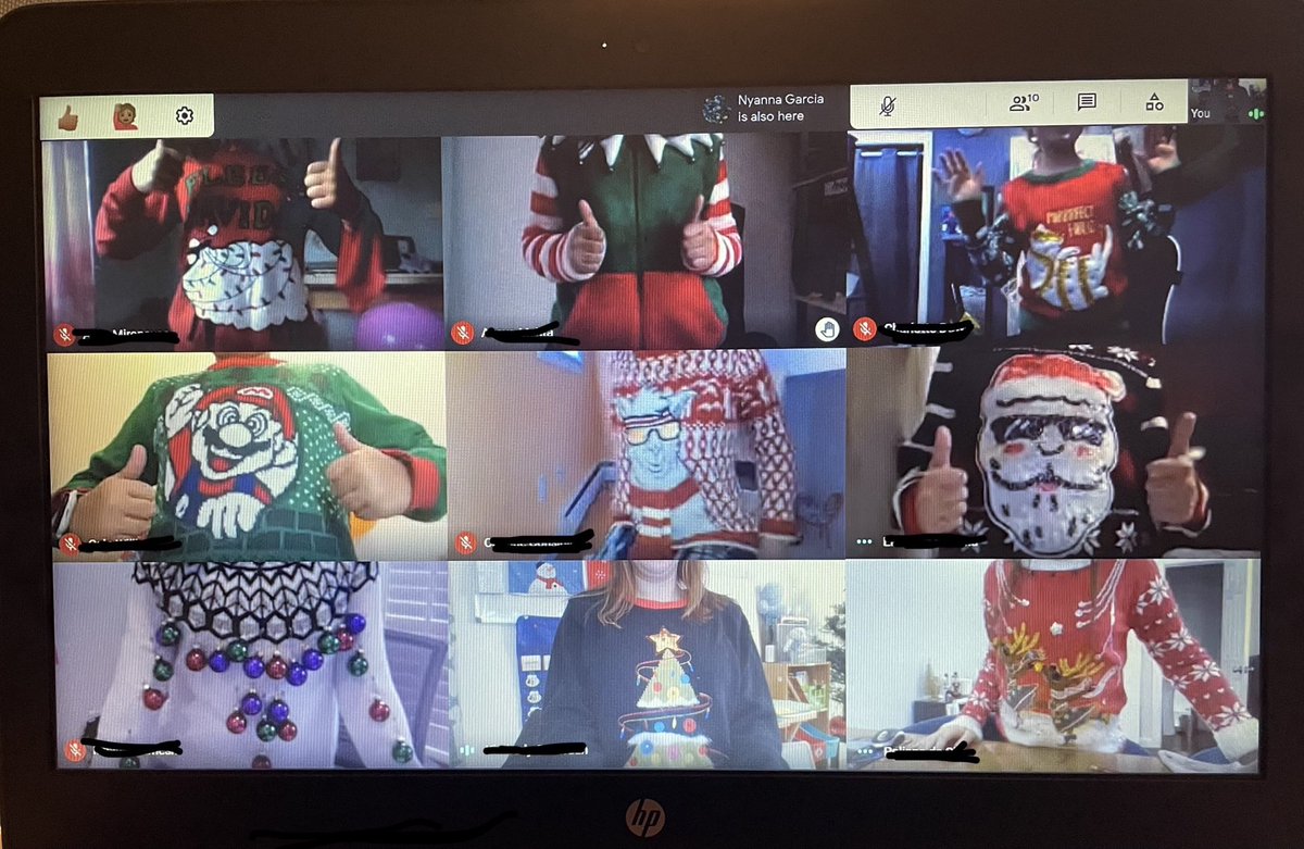 mrs_jordan_4's tweet photo. Ugly Sweater Day in the Remote Learning Academy!!! 🎅🏼🎄#uglysweaterday #spiritweek #fourthgrade #remotelearningacademy https://t.co/7lf8WB1z6i