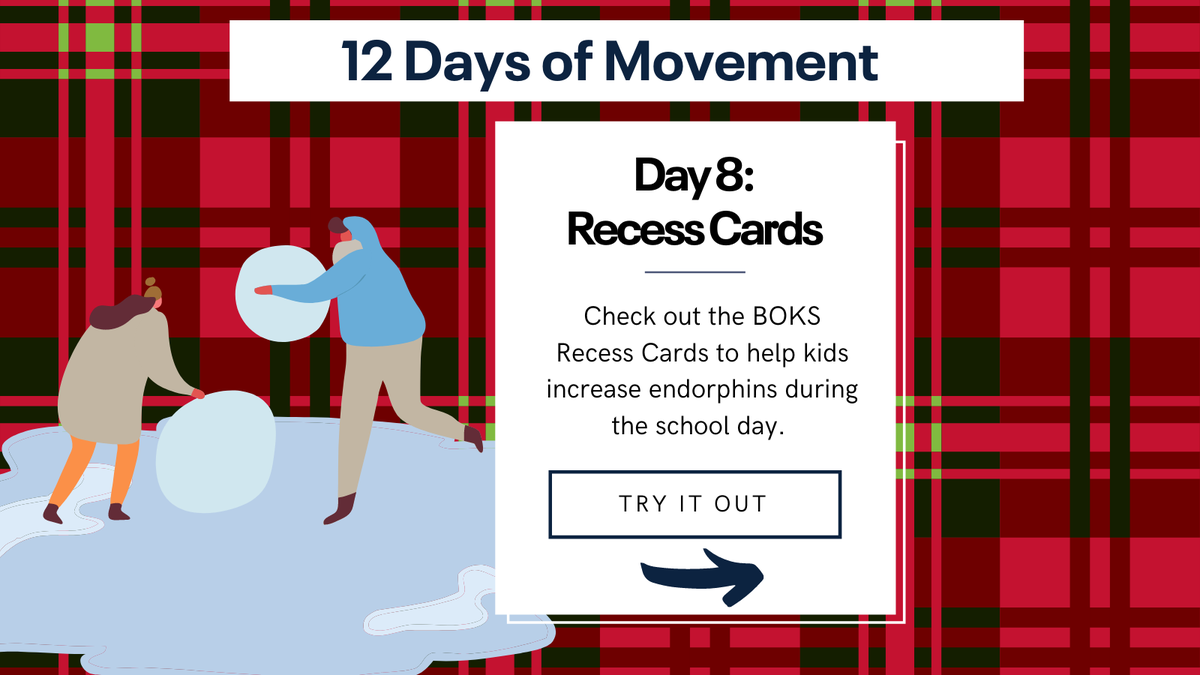 activekidsminds's tweet photo. Day 8 of 12 Days of Movement with BOKS! Today's free resource sample is from the BOKS Recess Cards. Does your class need fun ideas to get moving during recess? Try a game from our cards and help them prepare for class after the break. https://t.co/IYTSttZrPj