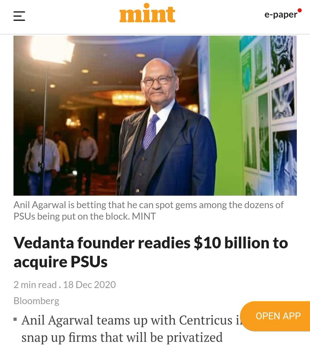 And what of Vedanta, ask you? Well, a bit under the radar, they've announced they'll be investing $10billion in India.Except there's a catch, it'll be to take over government-owned public sector enterprises. Things come a full circle.