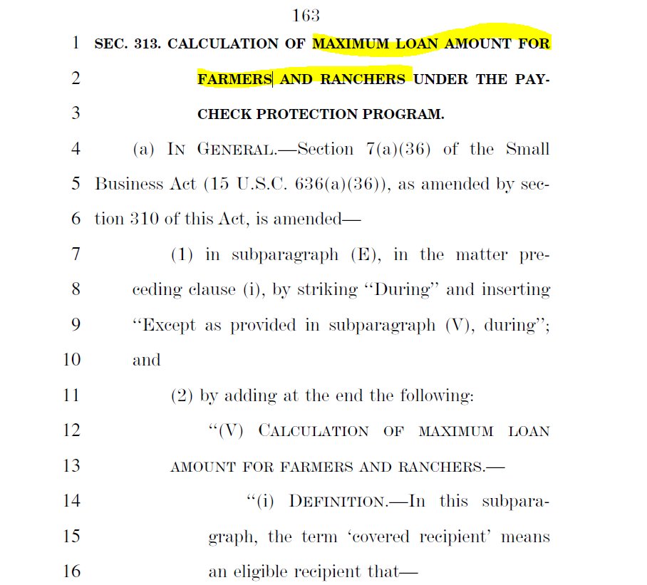 For farmers and ranchers, there IS a revision to  #PPP that indicates the maximum loan of $20,833 can be obtained for anyone with $100,000 of GROSS revenues on Sch F. Previously the law indicated the cap would be $100,000 of net income. 8/x