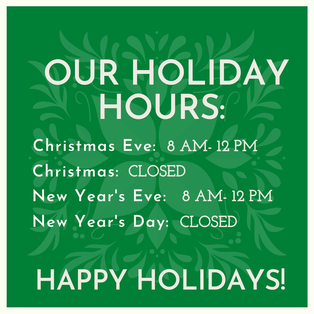 Just a quick reminder of our holiday hours! Stay safe and enjoy your holiday season!