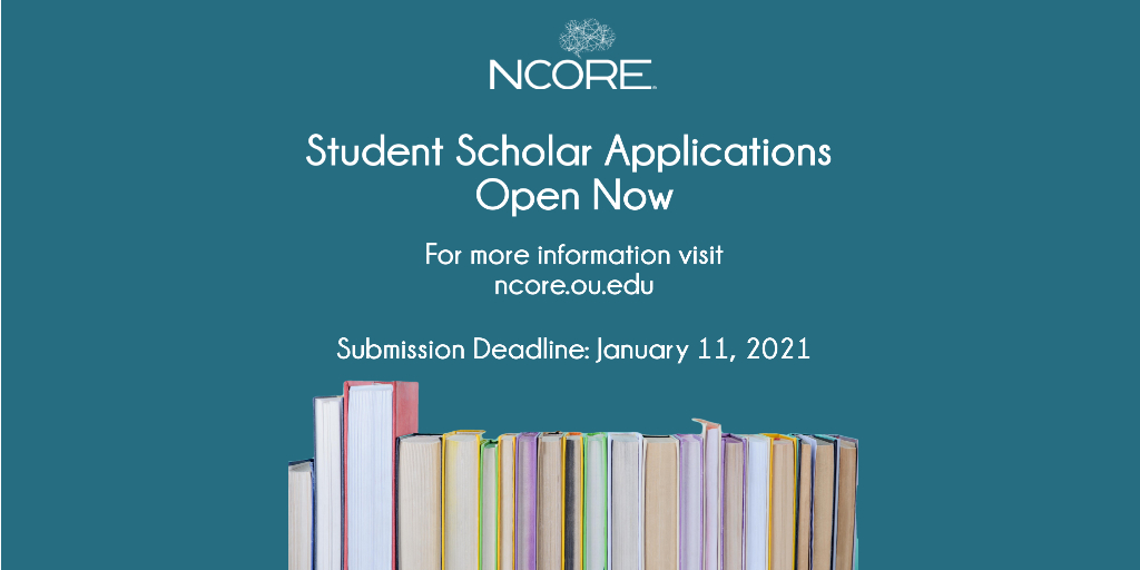 NCOREou's tweet image. The NCORE 2021 Student Scholars Program is open for applications and supports a paid conference registration for each student recipient. Both undergraduate and graduate students are eligible.

Deadline: January 11, 2021

For more information/requirements: ncore.ou.edu/en/ncore-2021/…