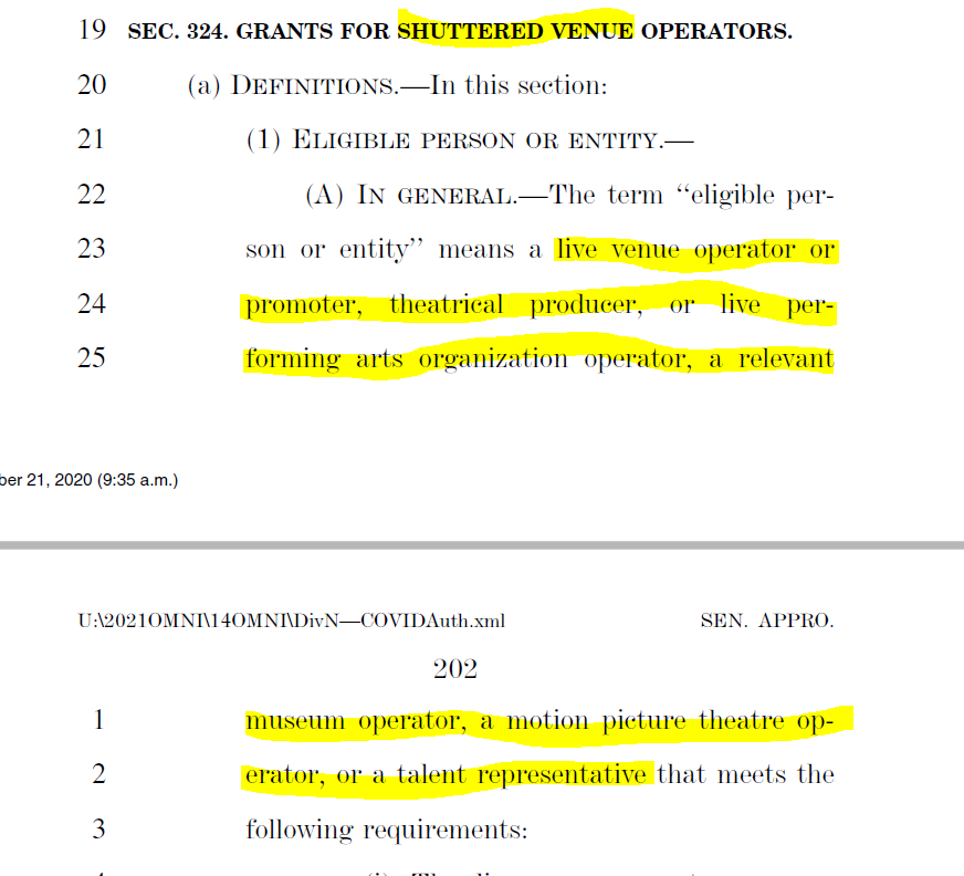 There is also the “save our stages” act included, which will help live theatres, movie theatres, talent representatives, and museums get additional government relief. MANY more stipulations in this bill as compared to previous bill but the 45% of revenue grant amount stayed. 9/x