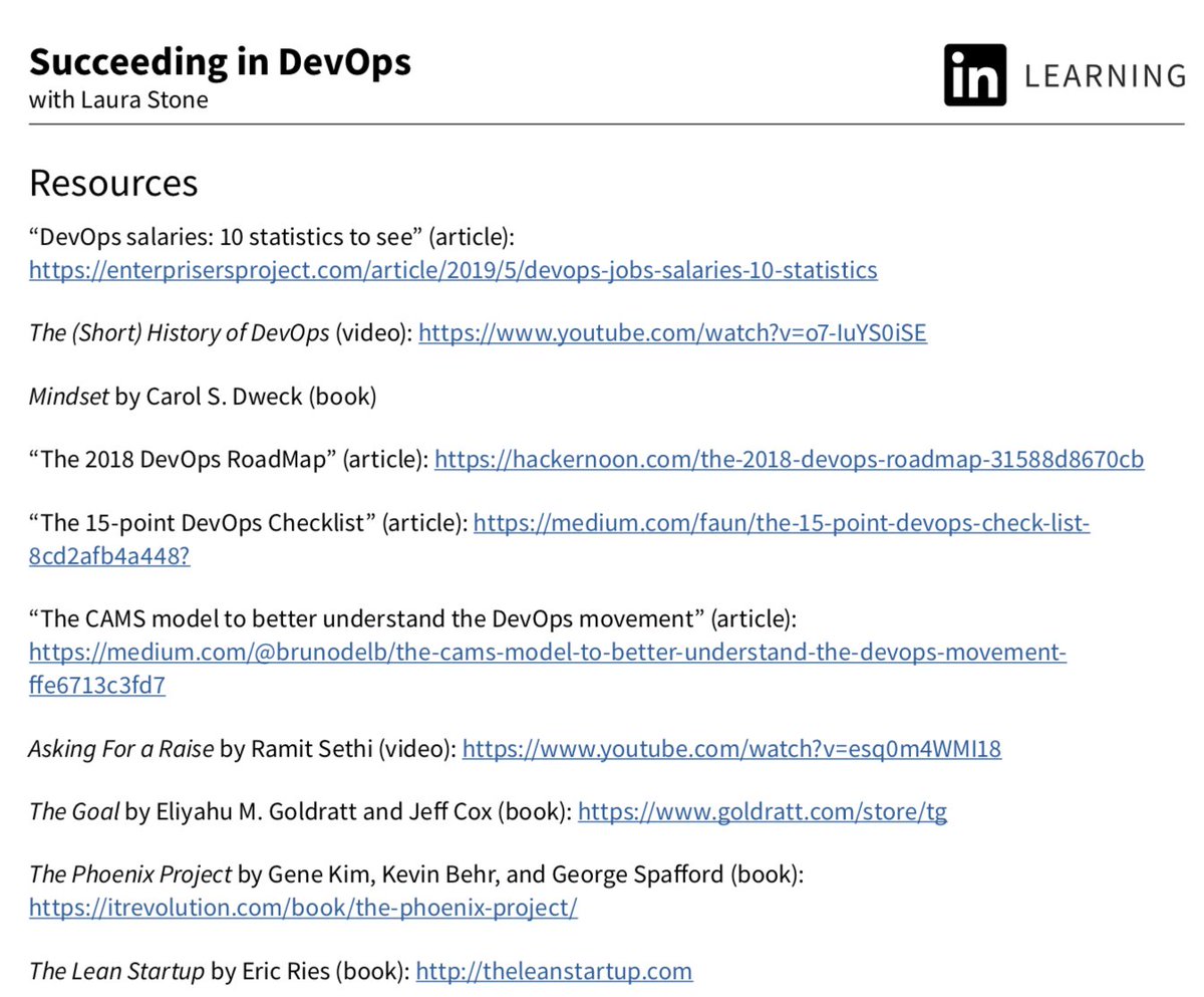 monicadeland's tweet photo. Great resources for SRE/DevOps Engineers. I took these resources from the ¨Succeding in DevOps¨ course lead by Laura Stone via LinkedIn Learning. Very valuable course also for Talent Ambassadors. Thank you @tyrostone! https://t.co/cfJpQadJZG