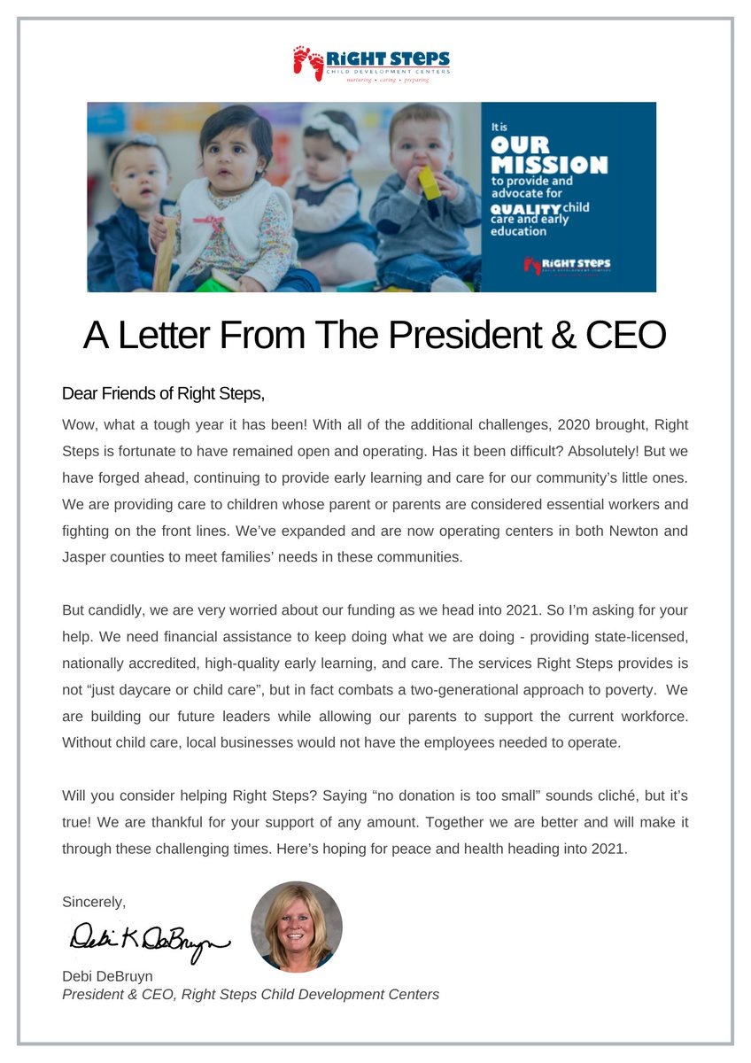 RightStepsCDC's tweet image. A Letter from Right Step's President &amp;amp; CEO - as we prepare to leave 2020 and enter a new season, we are asking for your help. Right Steps is in need of your support to keep moving forward.
Consider a donation today, give.rightstepscdc.org/give/268035/...