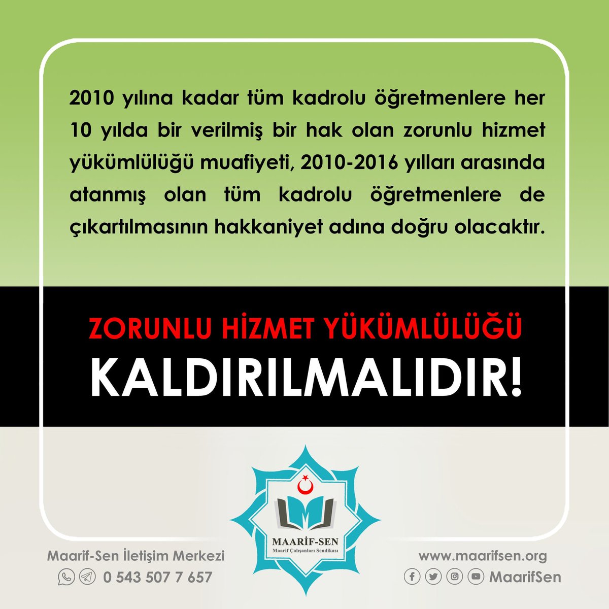 Sayın Bakanım <a href="/ziyaselcuk/">Ziya Selçuk</a> <a href="/maarifsen/">Mil Maarif-Sen</a> olarak bir kez daha vurguluyor ve diyoruz ki; #ZorunluHizmet dün çileydi, bugün zulme dönüştü. Aslolan zorunluluk değil teşviktir. Muafiyetin TamZamanı <a href="/msmdgsn/">Mustafa Dağaşan</a> <a href="/cuneytozdemir/">cüneyt özdemir</a> <a href="/akfketen/">akifketen</a>