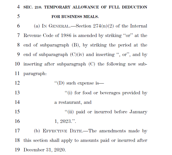 Meals are 100% deductible (as compared to 50% deductible) in 2021 and 2022 10/x