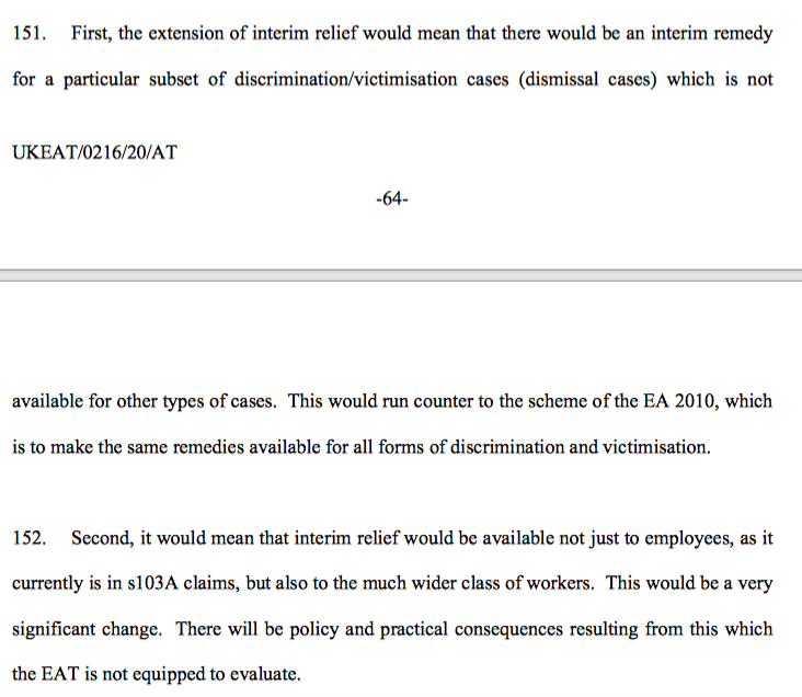 35/ To add in interim relief would be to act inconsistently with the legislative scheme and to endanger the balance struck by Parliament. It would imbalance EqA remedies (providing interim relief to only some breaches), & would widen availability of interim relief to workers.