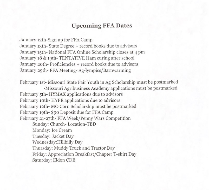 It might be the first day of winter, but we are hyped for the spring semester. January and February bring lots of applications, studying for contest, and FFA week. Get these important dates marked on your calendars, FFA members!