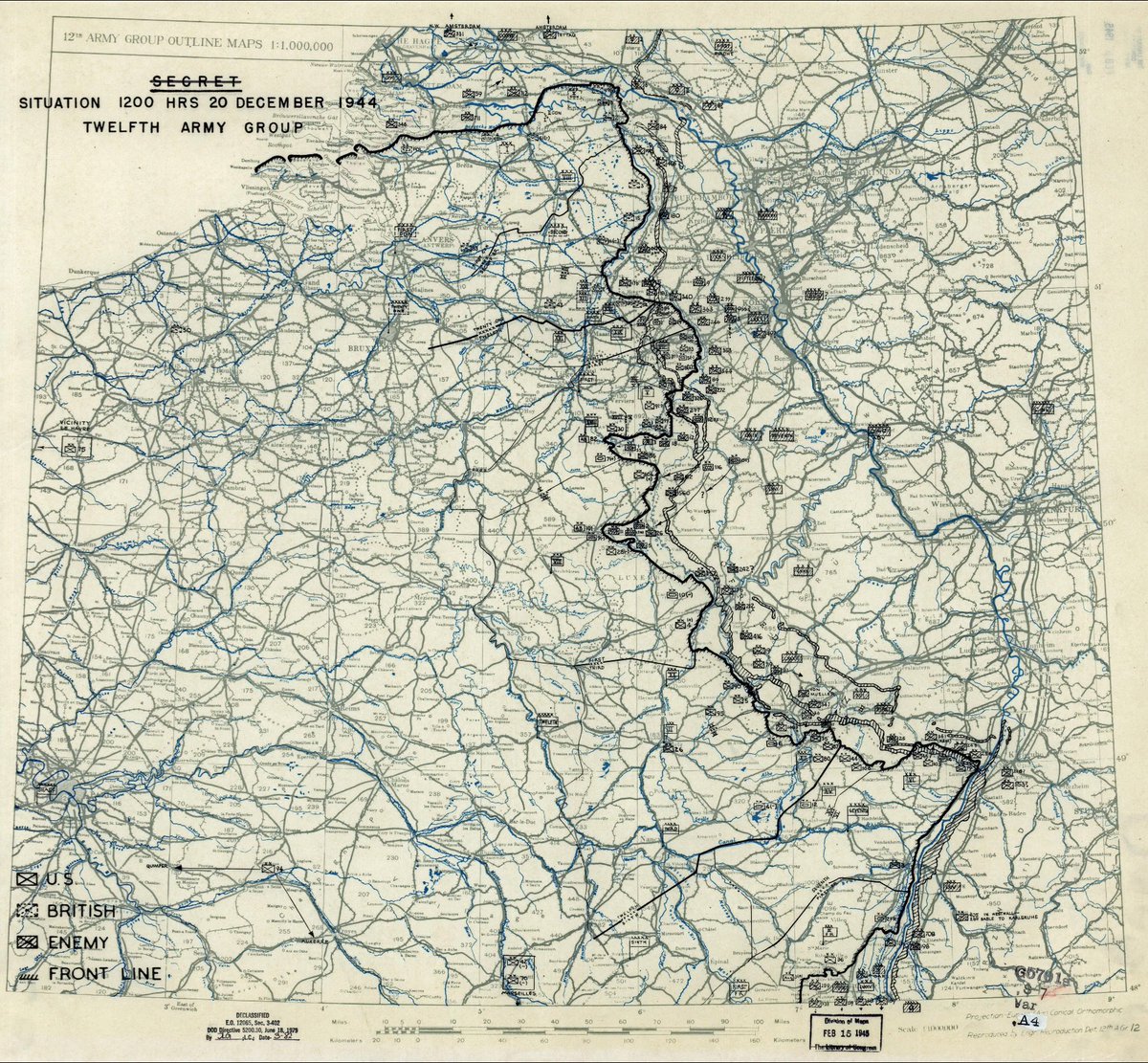 20th December 1944Wacht am Rhein - D+4Twelfth Army situation map reflecting the new front line.In reality, minor elements of 9th Armoured Div (blue, inc Recon Btl) were holding the southern advance of 352VGD (yellow) against the remnants of the 109th (green).1)