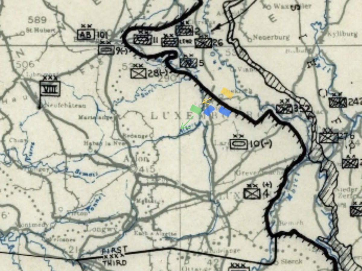 20th December 1944Wacht am Rhein - D+4Twelfth Army situation map reflecting the new front line.In reality, minor elements of 9th Armoured Div (blue, inc Recon Btl) were holding the southern advance of 352VGD (yellow) against the remnants of the 109th (green).1)