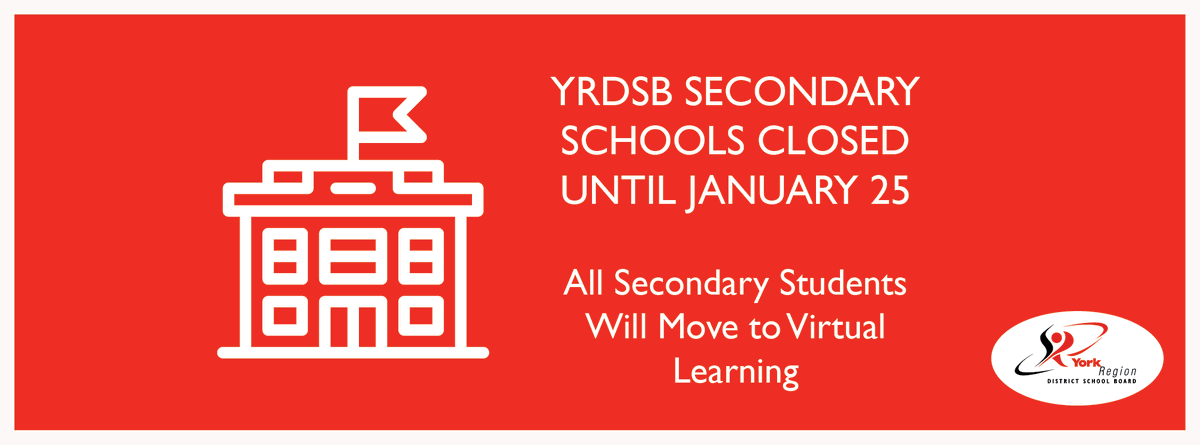 The ON MOE has announced that all secondary schools will move to virtual learning on Jan. 4 until Jan. 22 and reopen to students on Jan. 25. This is in an effort to reduce the spread of  COVID-19. All #YRDSB schools will be closed during this time. More: ow.ly/CPj630rpAjU