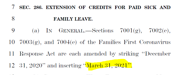 FFCRA Paid Sick Leave and Paid Family Leave extended to 3/31/2021. Plus certain "technical improvements" 11/x